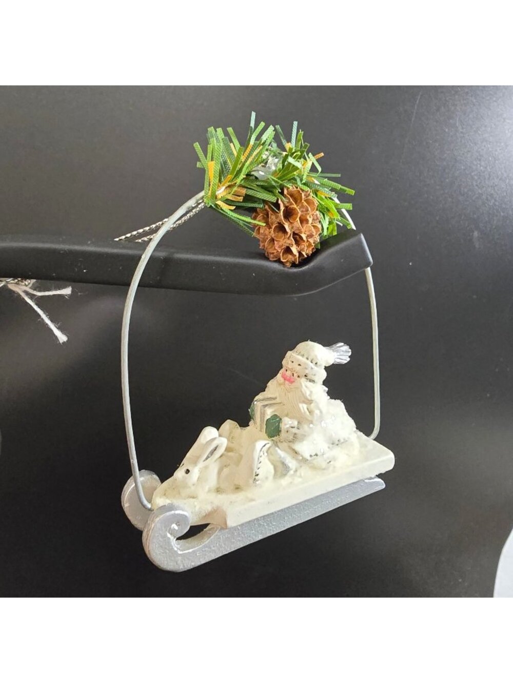 NWT Pam Schifferl Winter White Santa Pinecone Sled Rabbit Christmas Ornament